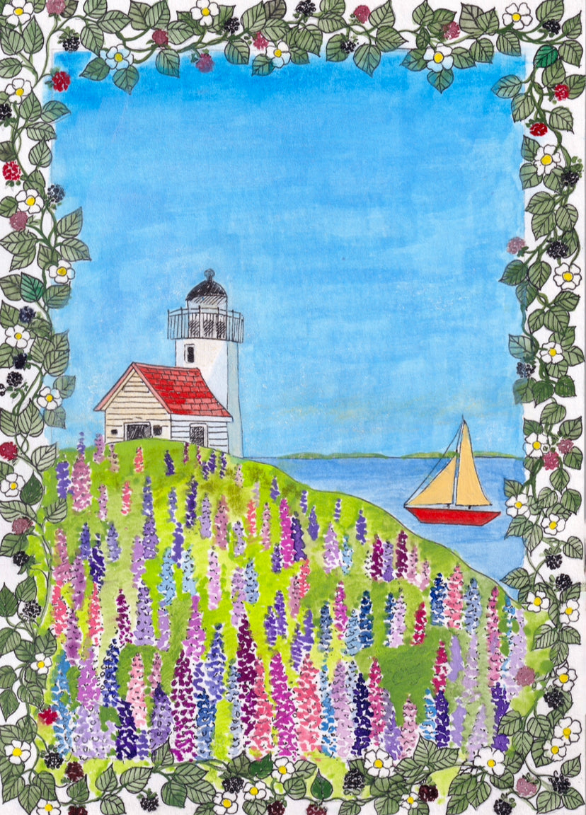 Illustration - le phare et les fleurs de lupin. Gwennbleun